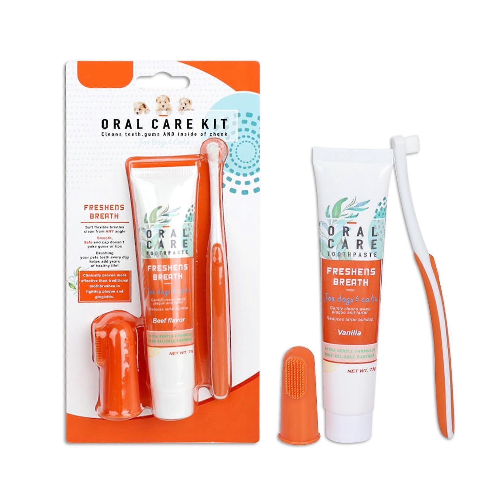 Dental Care Dog Set with Beef and Vanilla Toothpaste, Finger Toothbrush, and Regular Toothbrush for Plaque and Tartar Control