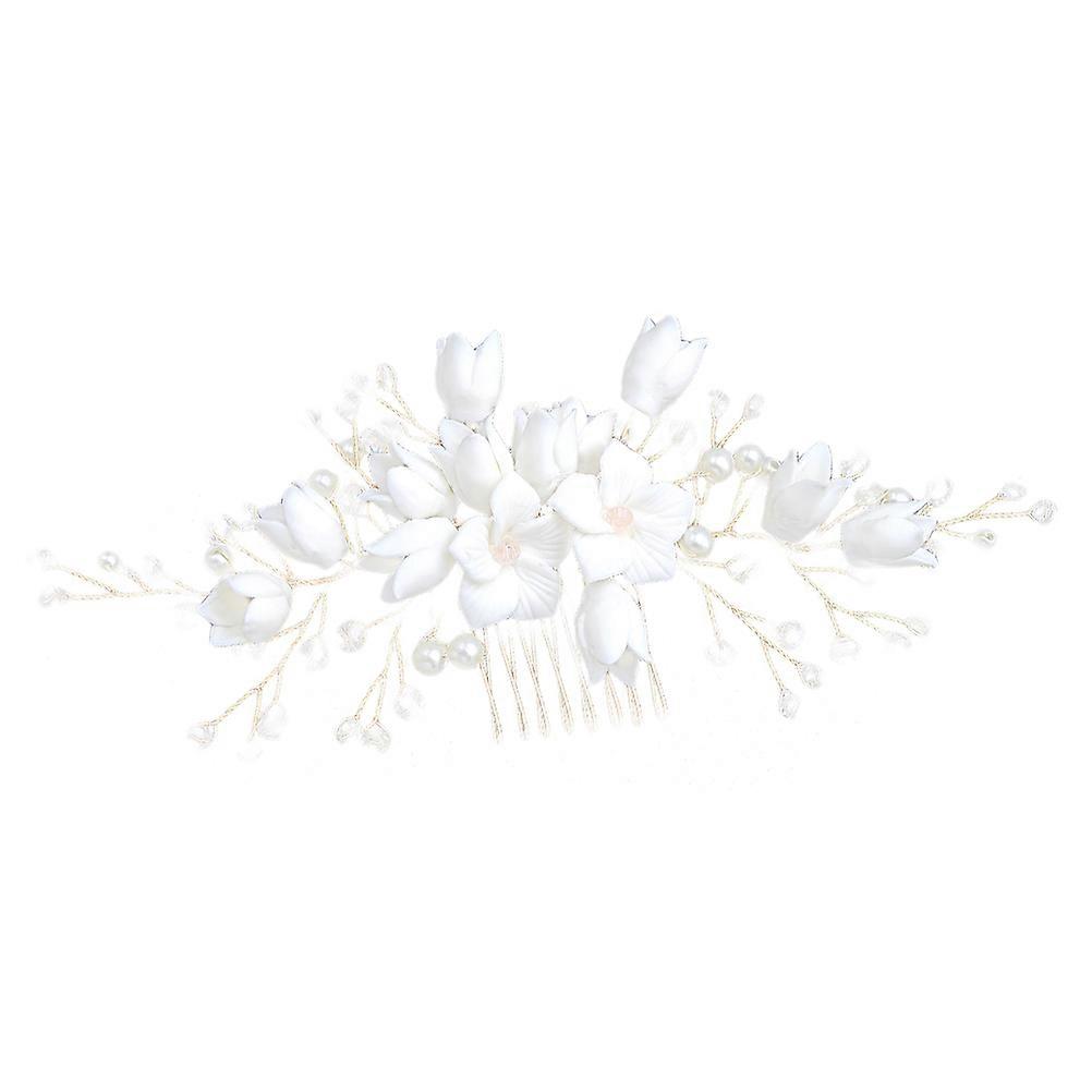 Elegant Handmade White Polymer Clay Flower Hair Comb with Pearl and Crystal Beads – Bridal Wedding Accessory for Brides and Bridesmaids