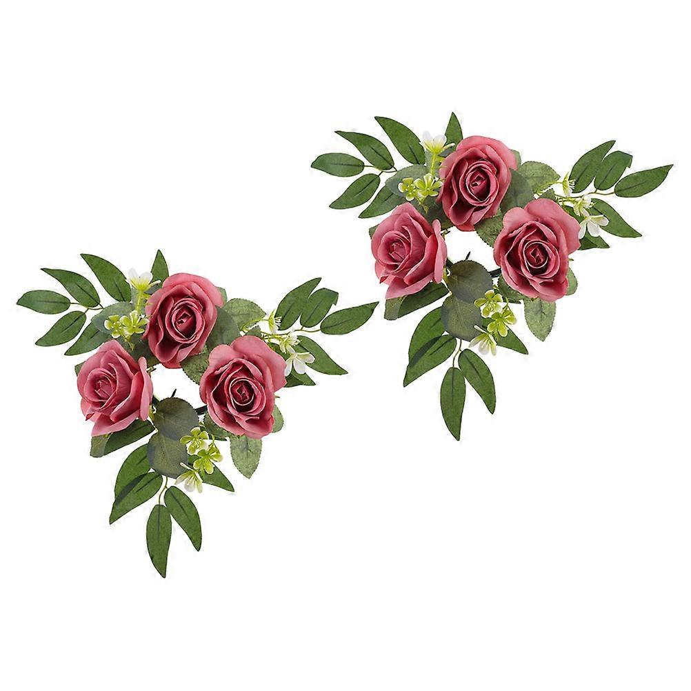 Candlestick Wreath Artificial Flower Candle Ring Realistic Style Round Shape Cloth 2Pcs
