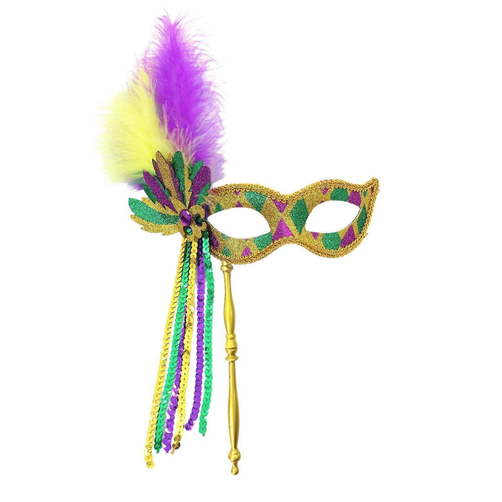 Masquerade Mask with Rod Carnival Venetian Feather Sequins Tassels Dark Purple