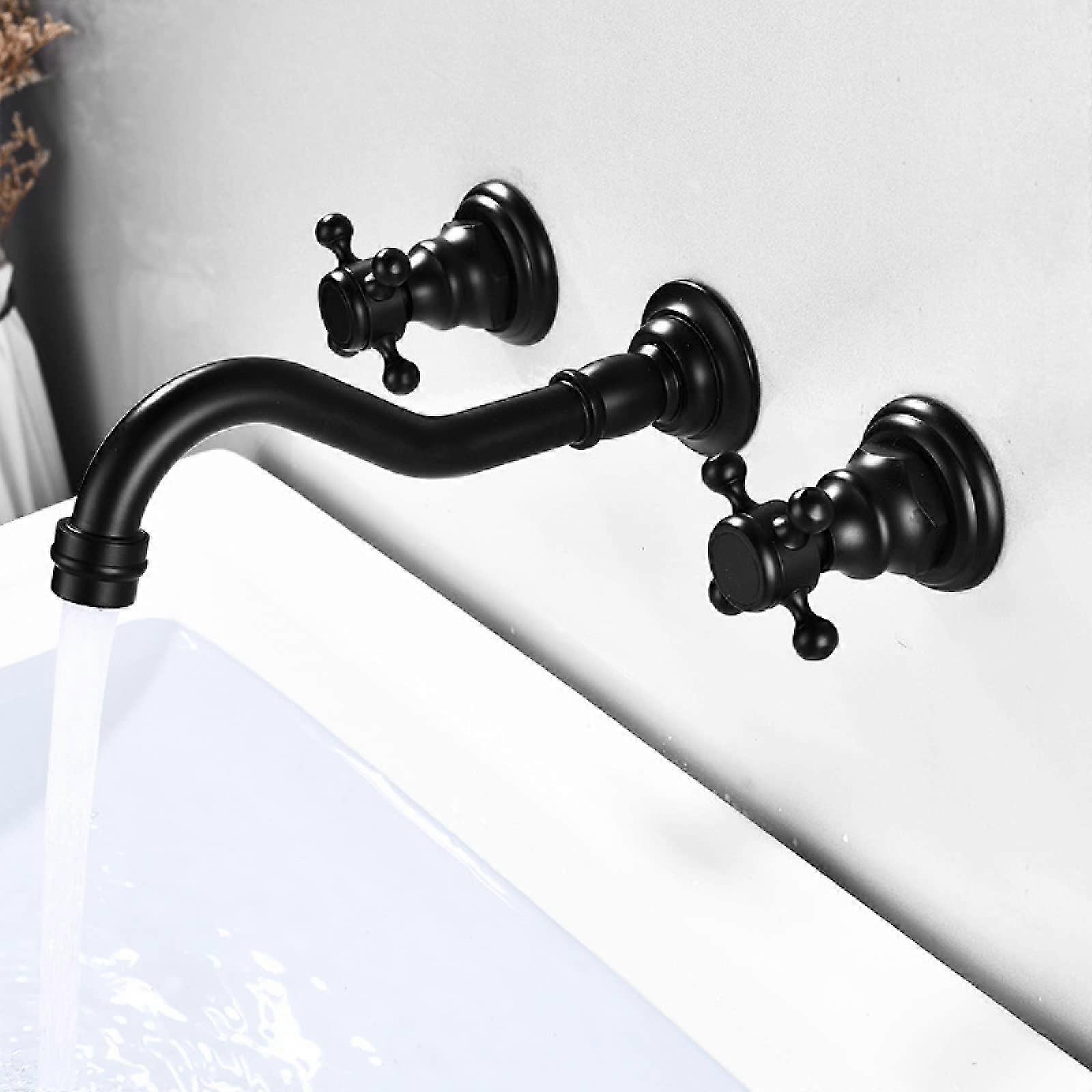 Wallmounted basin mixer tap, black, fully made of copper, integrated hot and cold basin mixer tap, split.