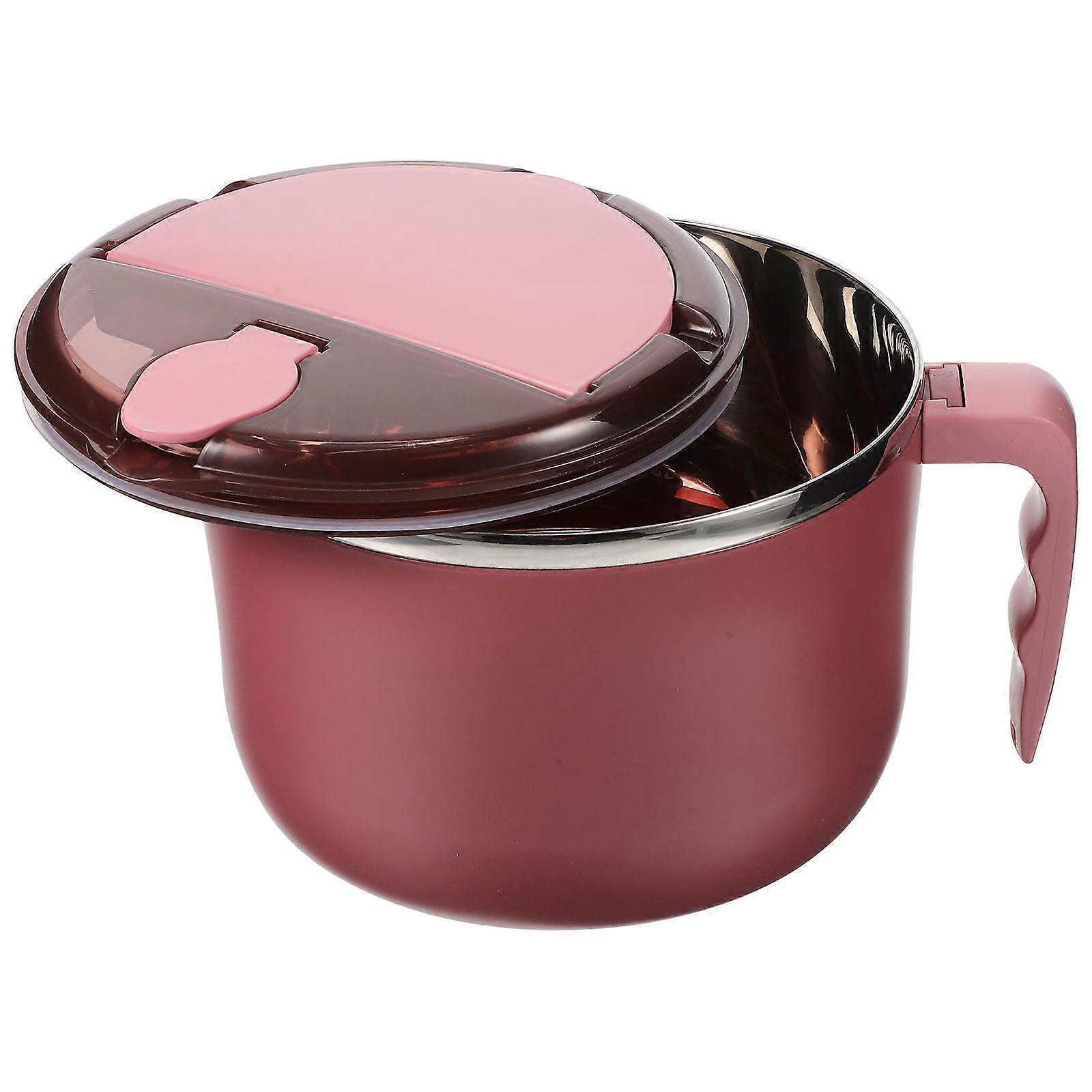 Pink Insulated Stainless Steel Noodle Bowl with Cover for Home Use Handheld Ramen Bowl 1 Set