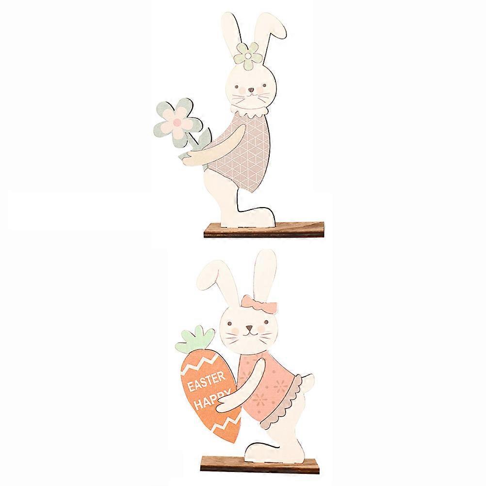 Wooden Rabbit Models Decorative Bunny Crafts Natural Grain DIY Easter Ornaments Holding Flower Carrot Indoor Outdoor Festive Tabletop Furnishings
