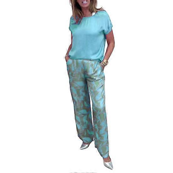 Damen Boho Print Zweiteiliges Set Casual Rundhalsausschnitt Kurzarm Oberteile Hosen mit weitem Bein Set Sommer Loungewear Outfit