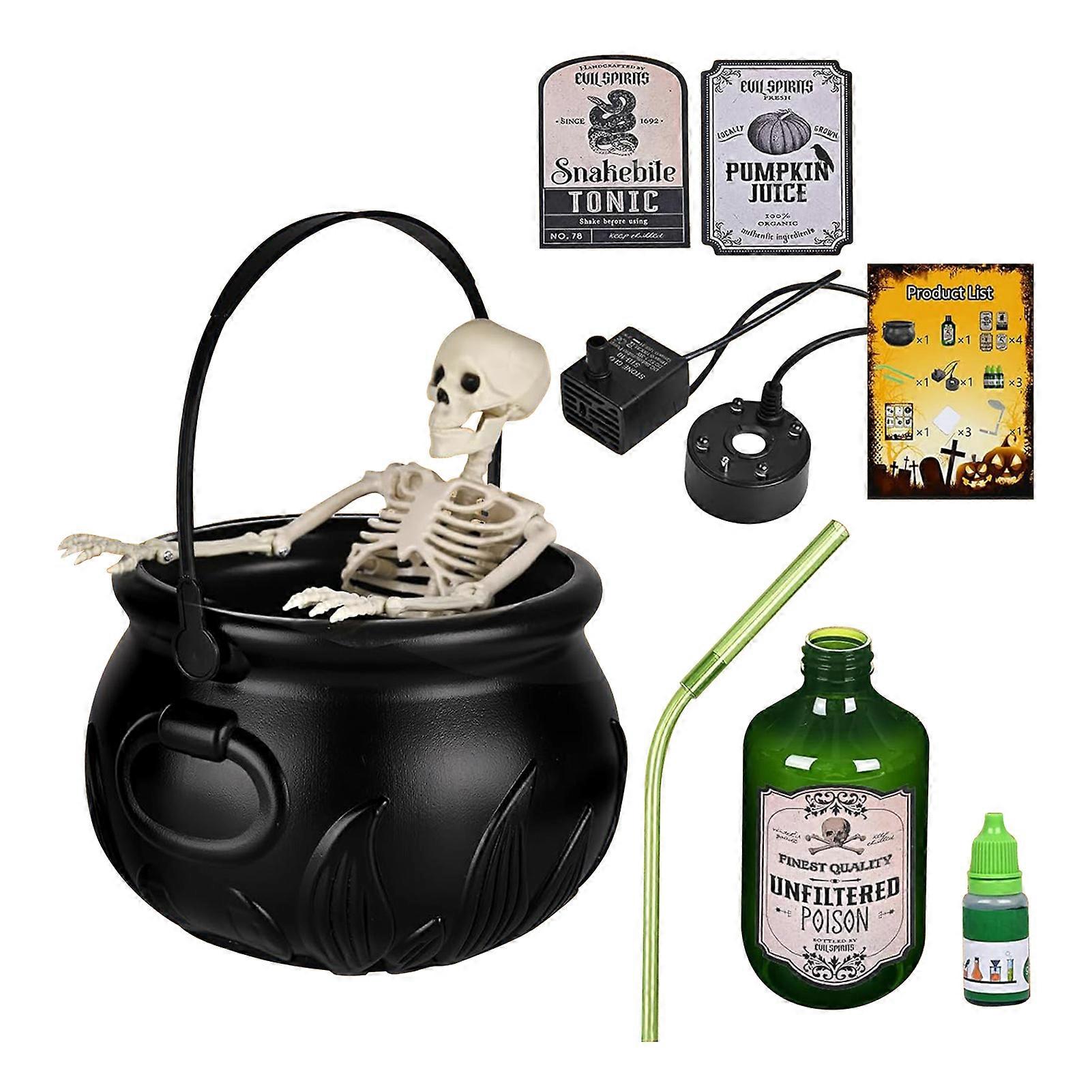 Skeleton Potion Witches Cauldrons with Floating Potion Bottles & Bubbling Effect - Halloween Black Witch Pot Diffuser & DIY Decoration
