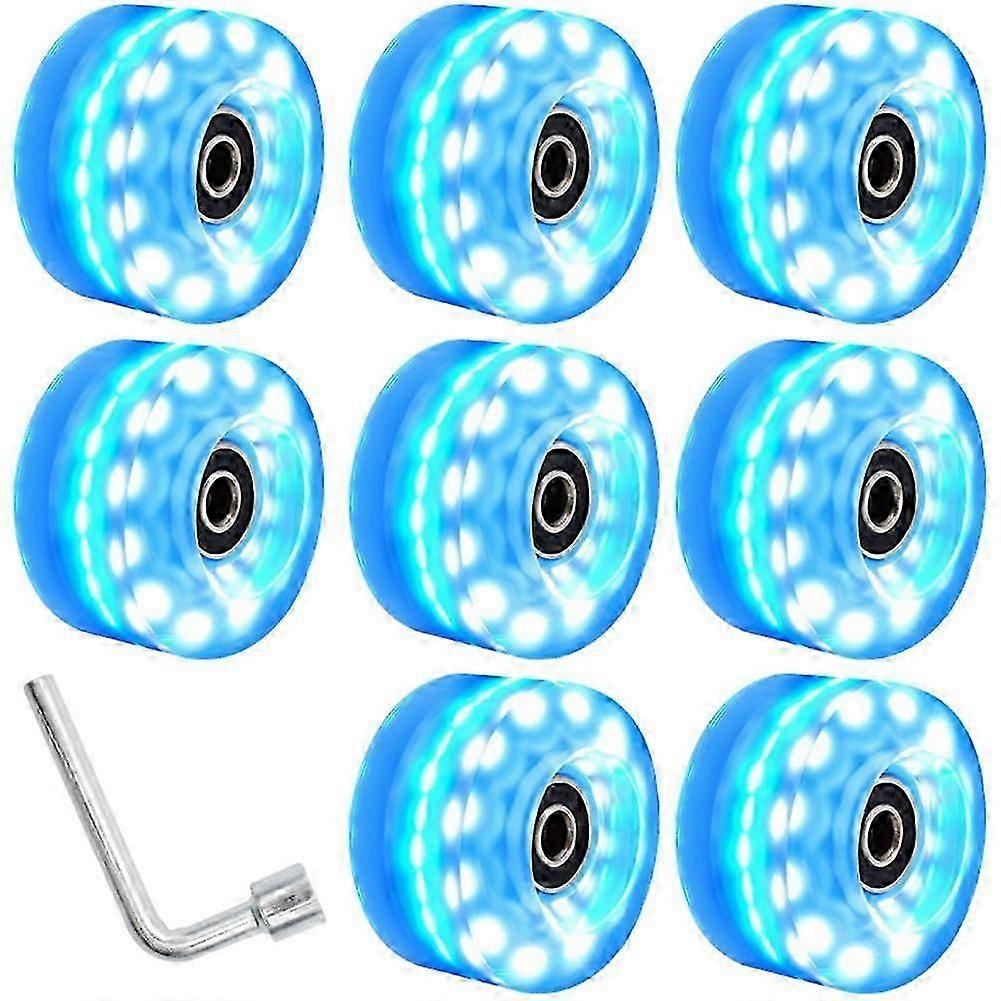Roller Skate Wheels with Wrench Outdoor Light Up High Flash Six Light Double Row Roller Skates Shining Wheels Blue