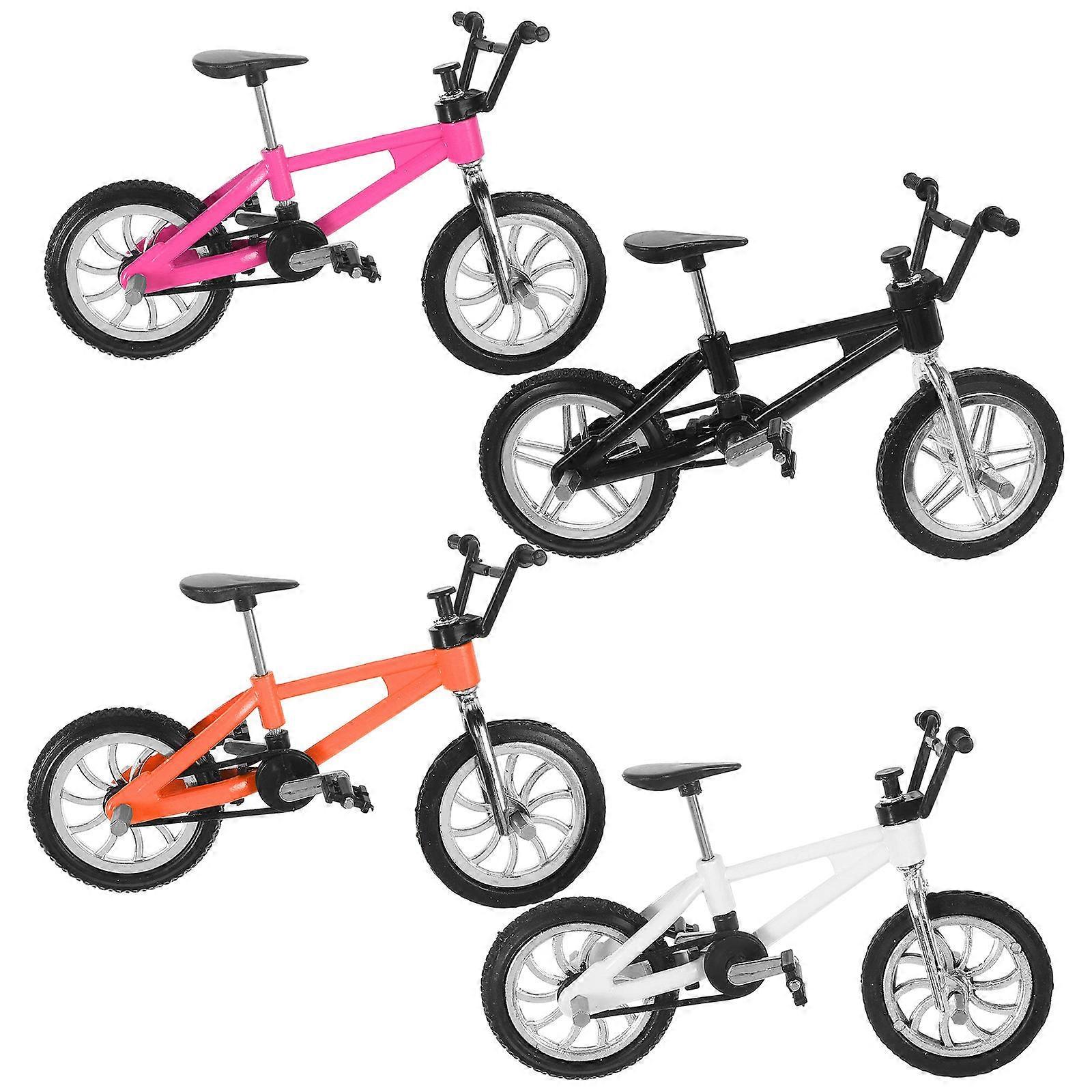 4pcs Mini Alloy Mountain Bike Models Realistic Finger Simulation Collectible Bicycle Figures in Black, White, Pink, and Orange for Display and Decor