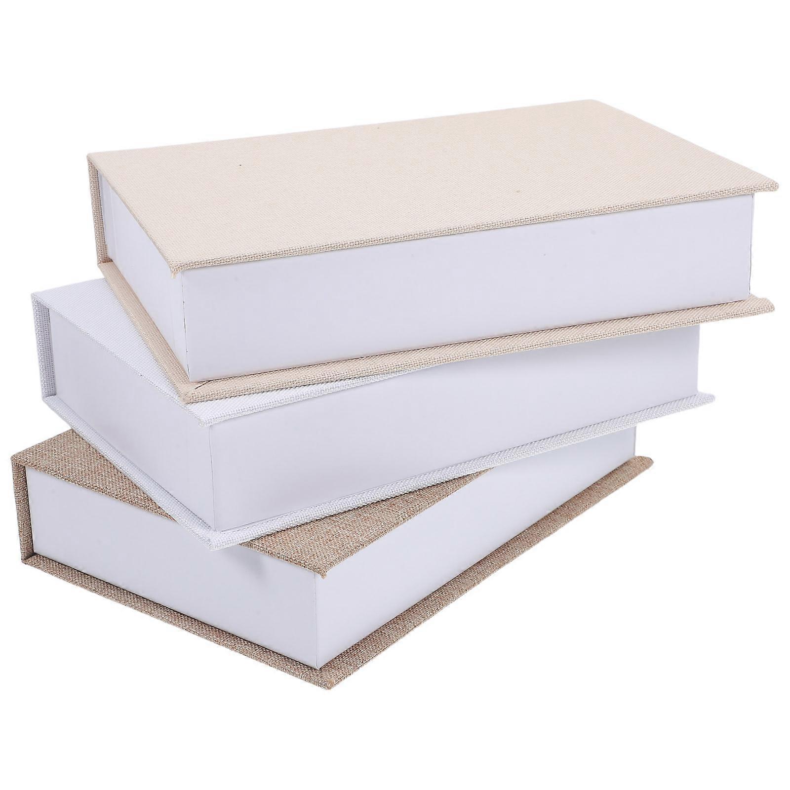 Book Shaped Storage Organizer Set of 3 Faux Linen Decorative Boxes with Magnetic Closure for Home Office Bookshelf Concealed Storage