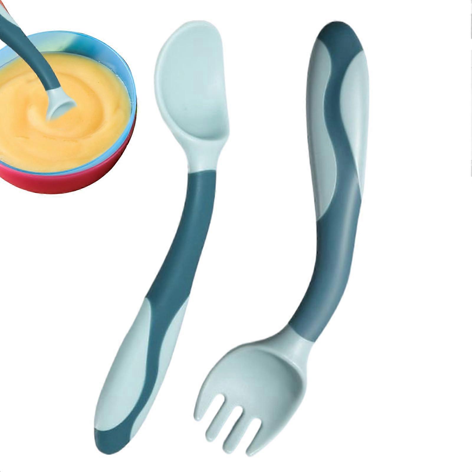 Baby Utensils Set First Stage Baby Spoon Ergonomic Grip Learning Utensils Flatware Set For Solid Food Blue