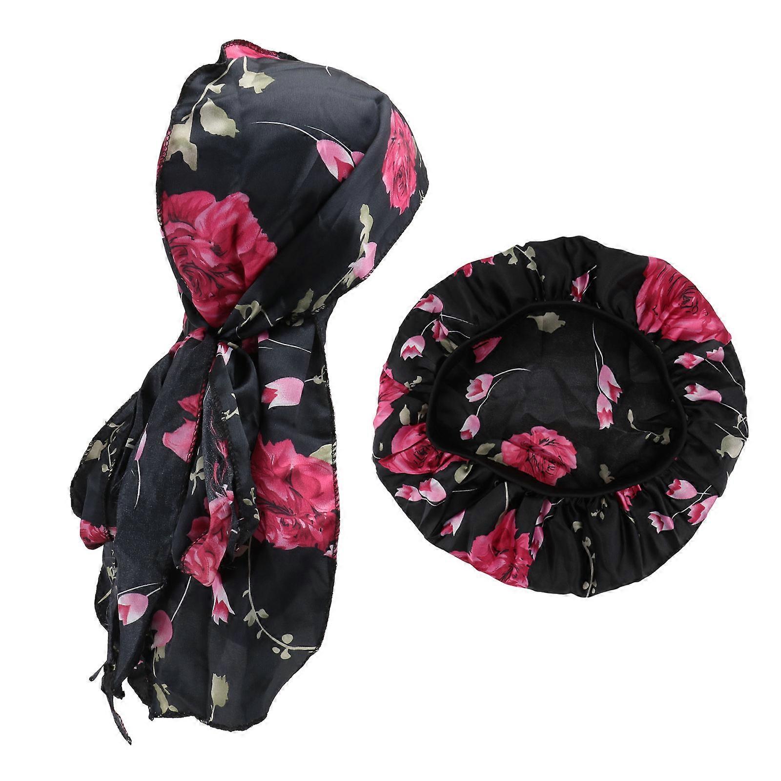 Satin Printed Sleep Cap for Wearing Use 1Set Black Color