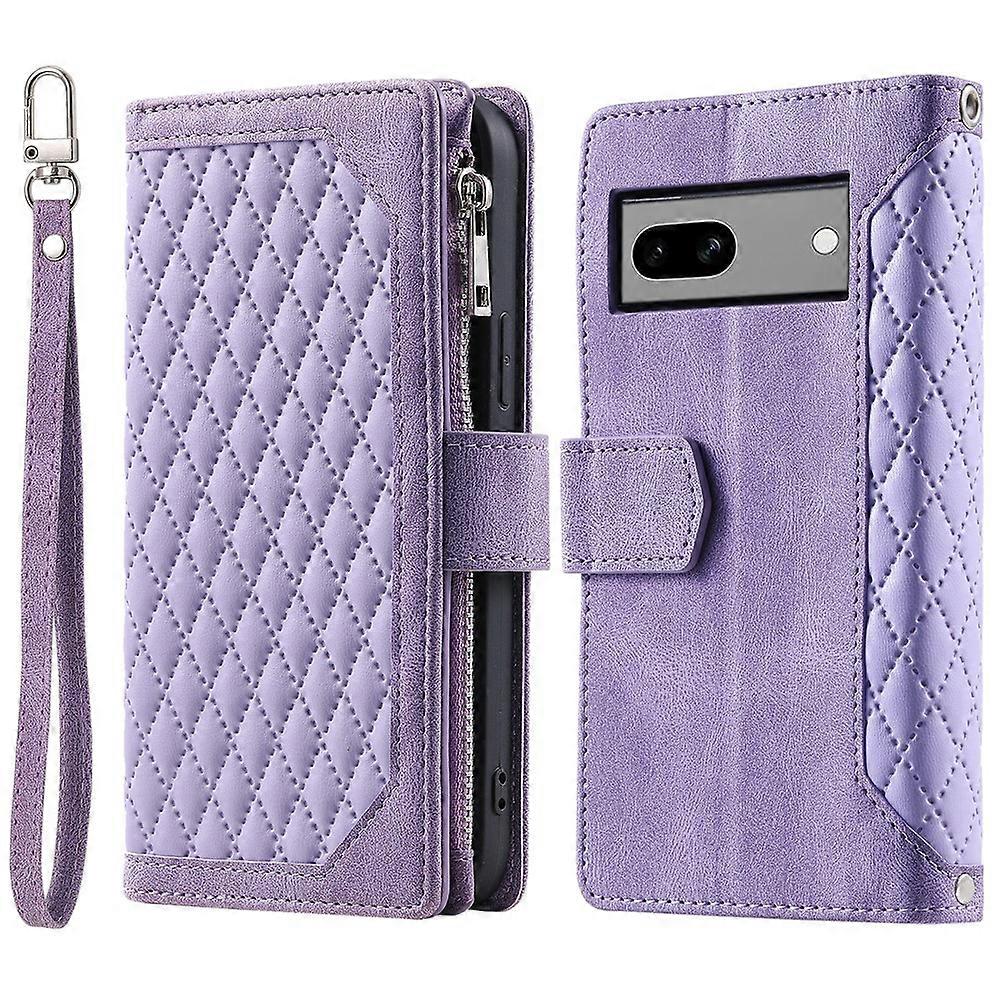 Compatible For Google Pixel 9 Case Rhombus Texture Zipper Pocket Phone Cover with Wrist Strap