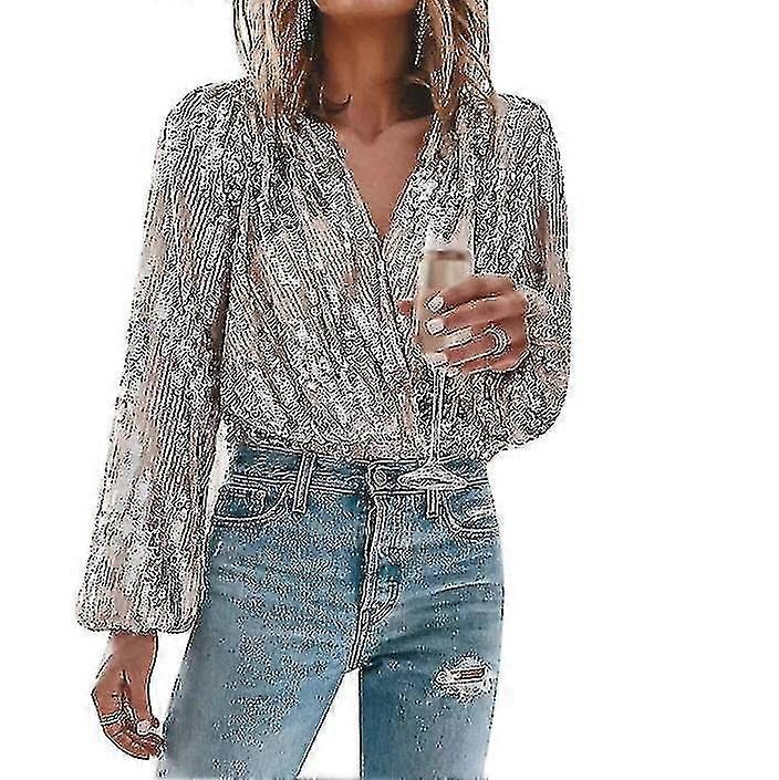 Kvinner Sequin Sparkle V Neck langermet skjorte til fest