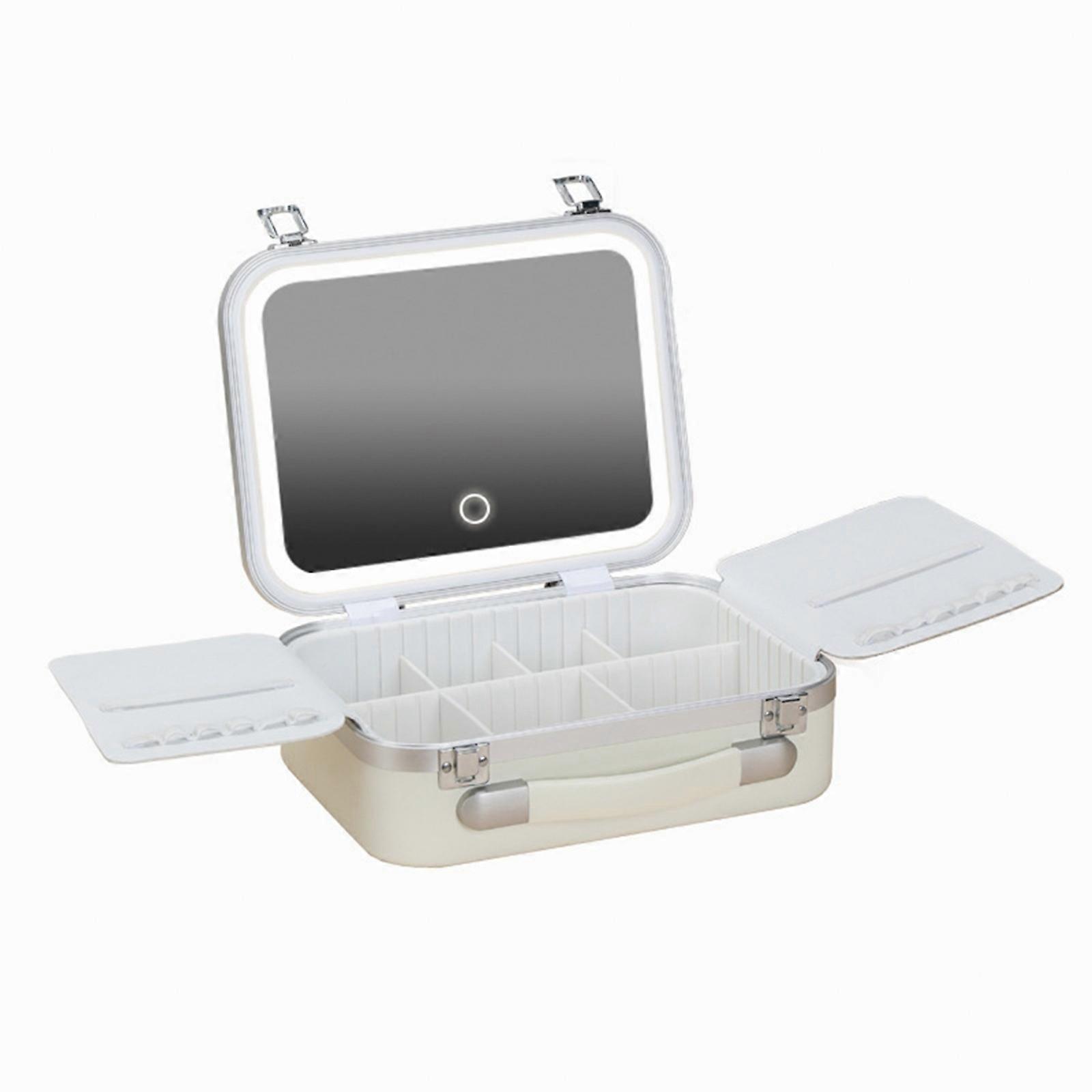 Cosmetic Carrying Case With Customizable Brightness Mirror Wing Designs Lightweight Makeup Storage Container  White