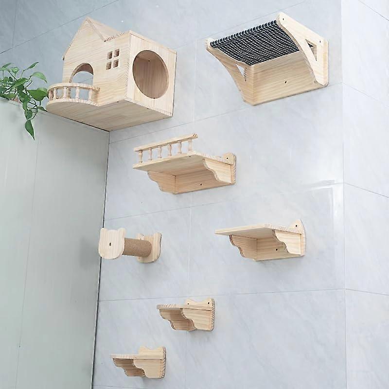 Cat Tree Wall Mounted Solid Wood Climbing Frame with Space Capsule Nest for Indoor Cats (Style4)