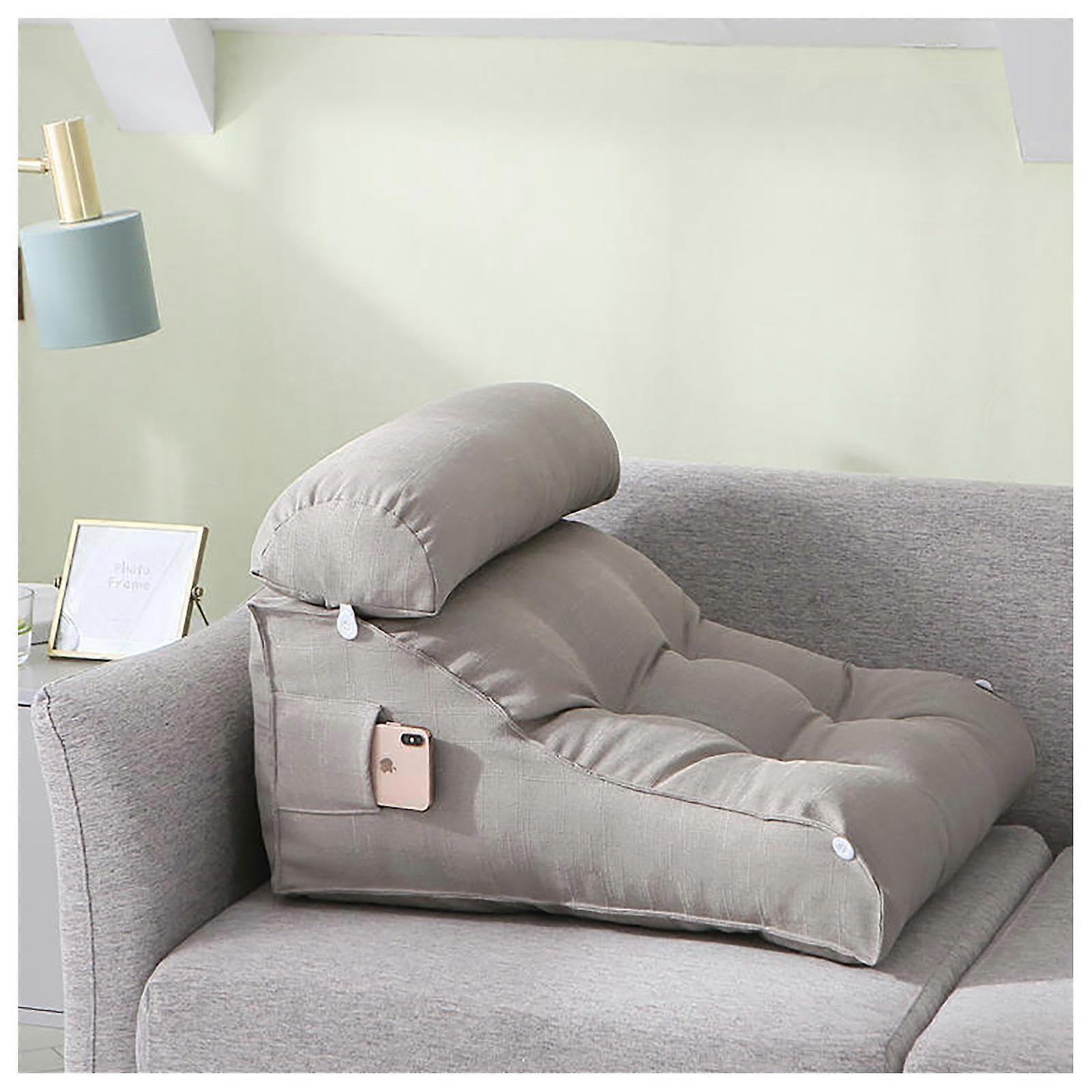 Wedge Pillow with Washable Cover and Side Pockets for Reading or Gaming in Bed, Grey