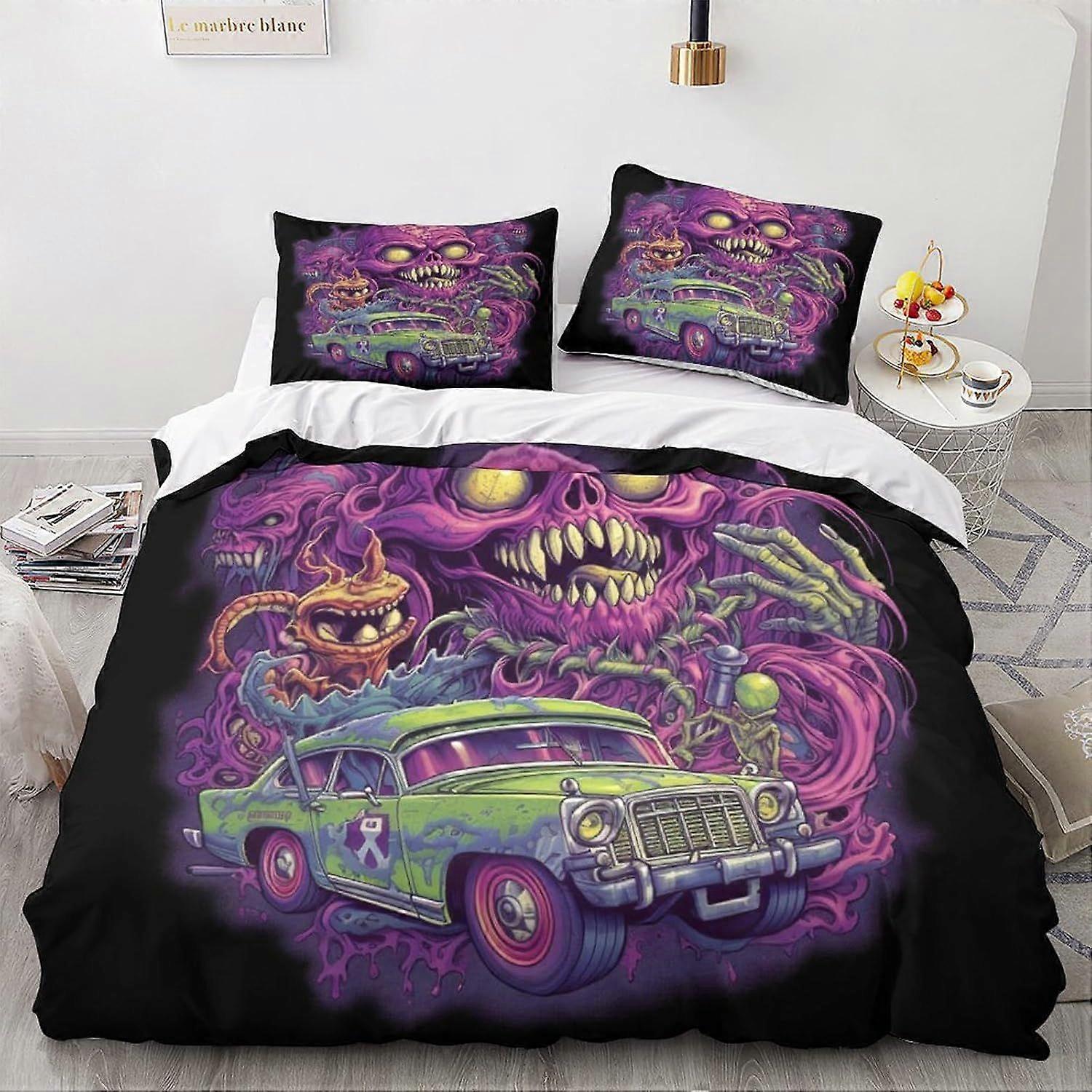 LikeEj monstros edredom capa 3D desenhos animados impresso cama colcha vintage carro edredom capa com zíper fechamento macio microfibra rei