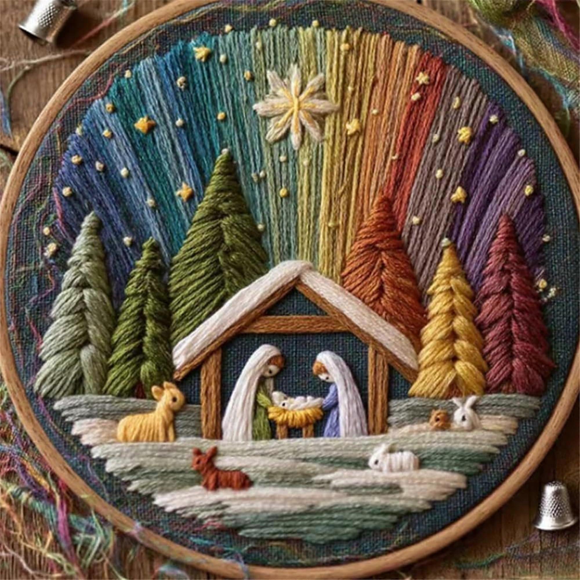 DIY Nativity Embroidery Kit with PrePrinted Fabric & Threads – Beginner Christian Craft for Adults