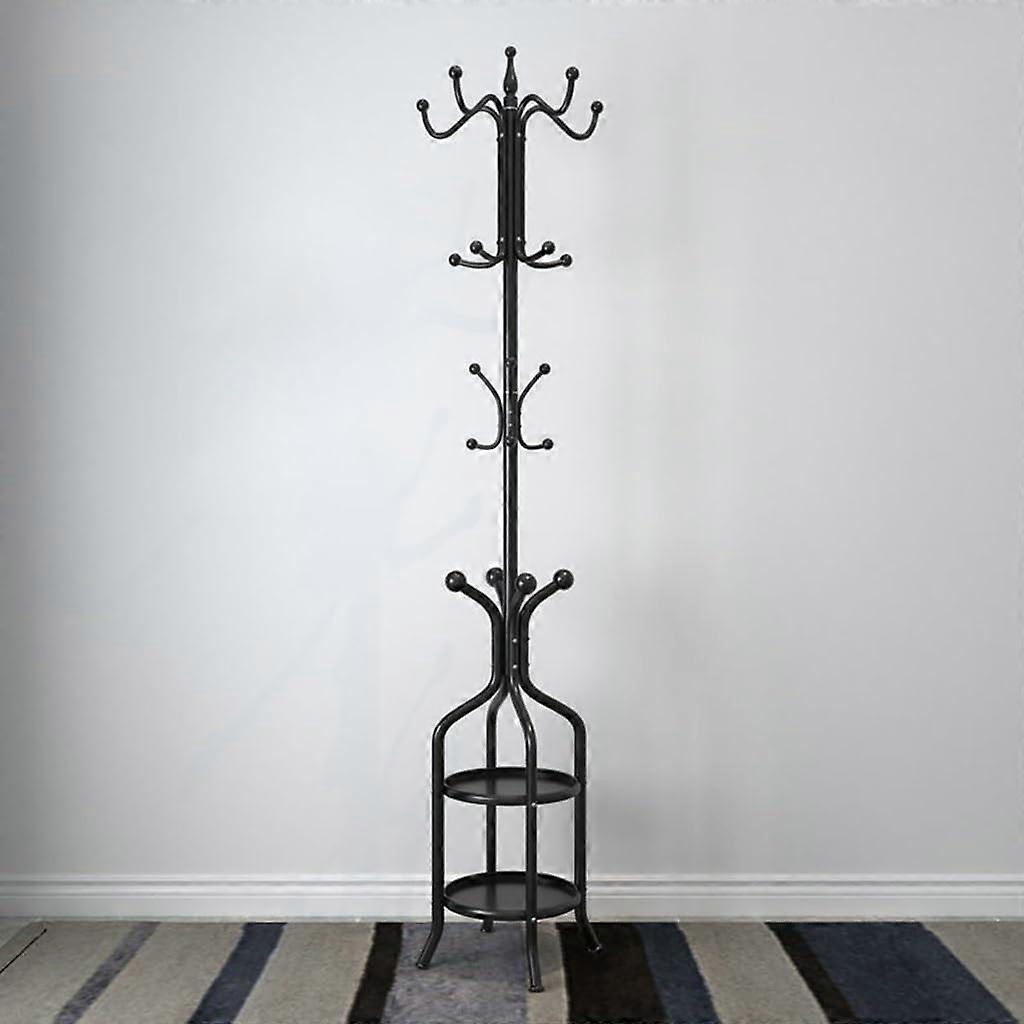 Coat Rack with Umbrella Stand, Metal Hall Tree with 12 Hooks and Shelves for Entryway Black