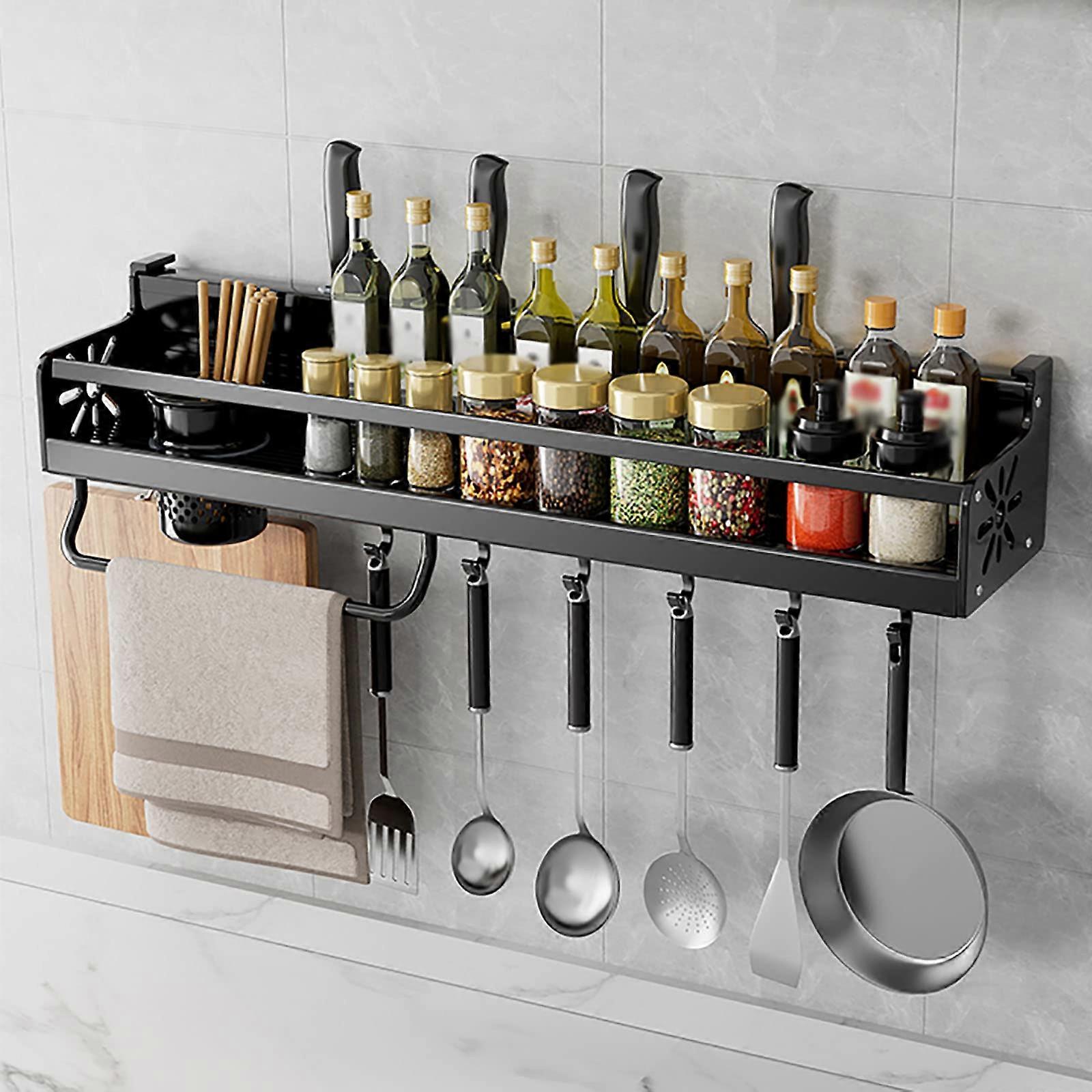 Wall Mounted Spice Rack with Hooks and Towel Bar, Black 50cm RustResistant Kitchen Organizer