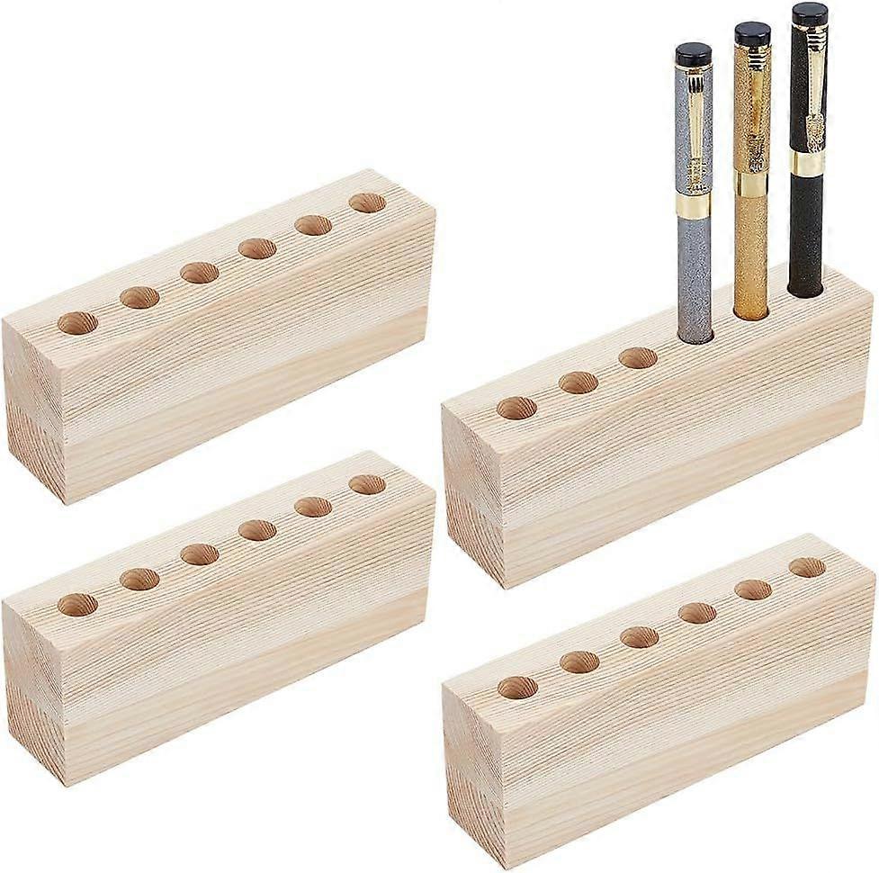 4pcs 6-Hole Wood Desktop Pen Holder with 12mm/0.2 inch Round Hole Fountain Pen Stand Rustic Wooden Pen Organizer Office Desk Pen Holder for Pen Storag