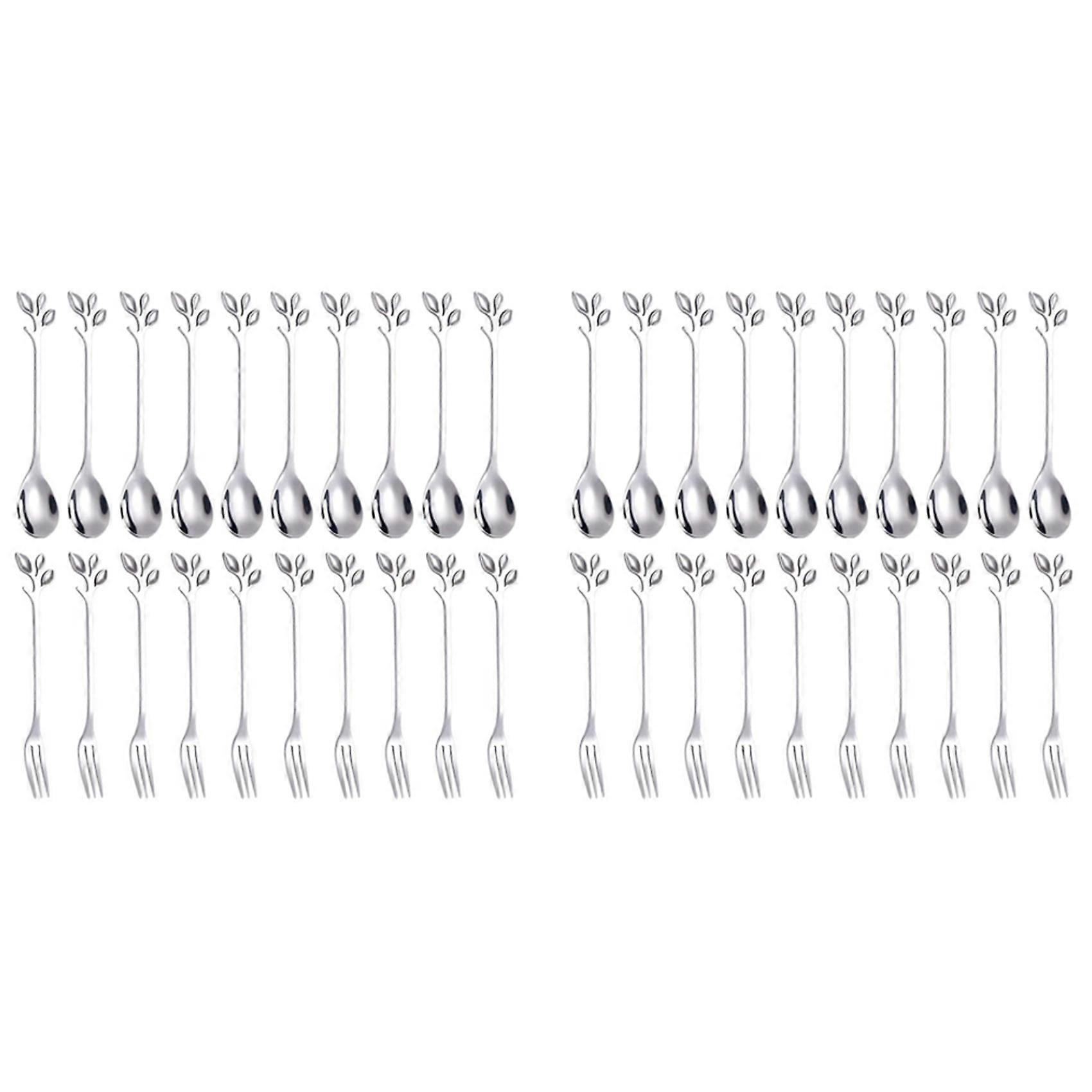 Dessert Spoon Fork Set,20 Pcs 4.7 Inch Cake Fork,Coffee Spoon,Creative Silver Leaf Fruit Fork,(20 Spoon + 20 Fork)