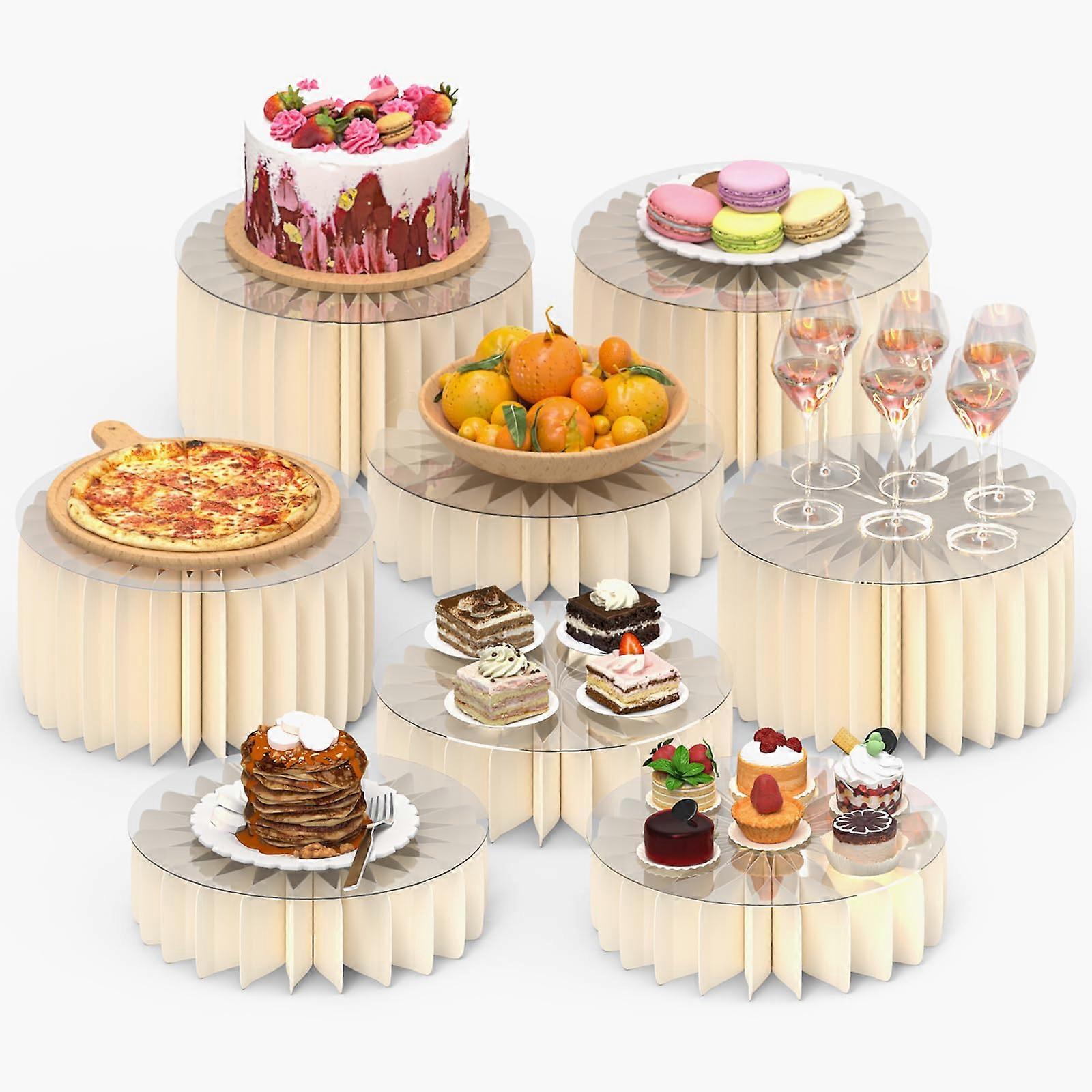 8 PCS Buffet Risers and Cake Stands, Foldable SpaceSaving Food Display for Parties, Large Cylinder White Cupcake Stands