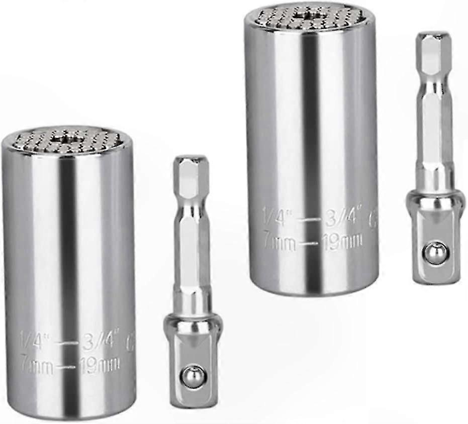 Multi-Function Socket Adapter Set, 7mm-19mm Universal Wrench Tool for Power Drill and Ratchet, 2pcs Silver