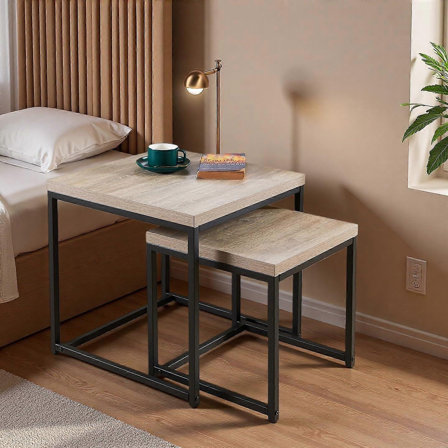 Nesting Side Tables Set of 2, Industrial Gray Oak Coffee Tables, SpaceSaving Square Design for Small Spaces