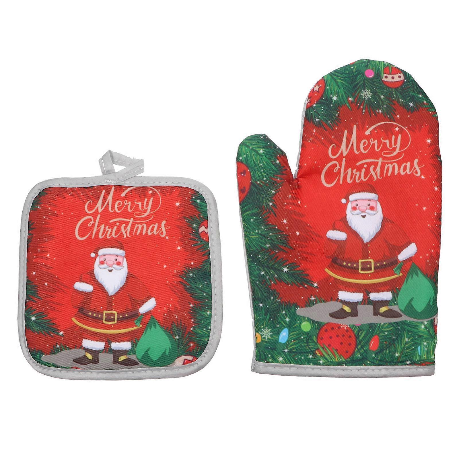 Red Christmas Oven Mitts with Heat Resistant Function 2Pcs Set
