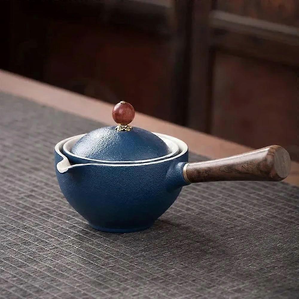 Ceramic Teapot with Wooden Side Handle and Builtin Filter for Kung Fu Oolong Tea Brewing