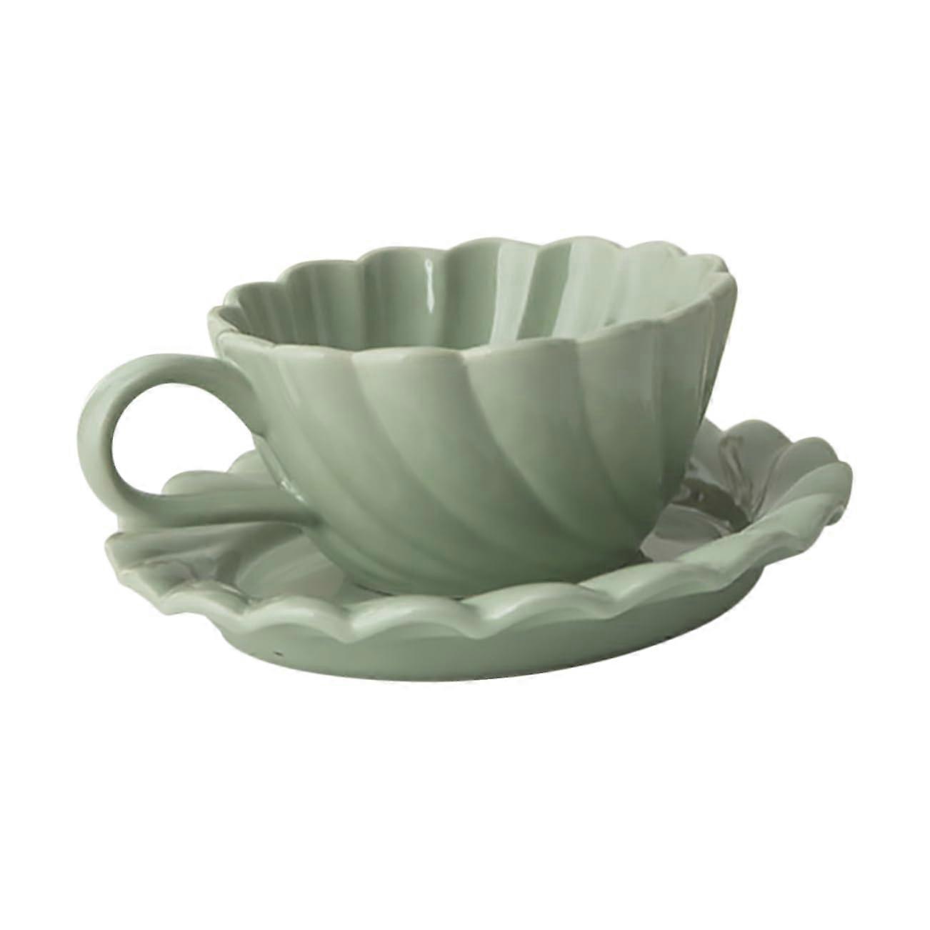 Spring Green Ceramic Coffee Mug Set with Handle and Saucer, Elegant Retro Tea Cup Set