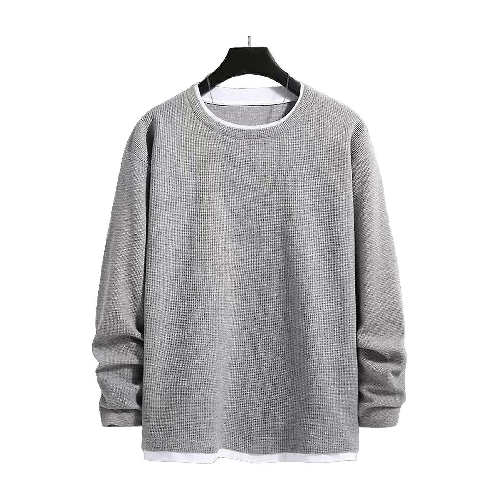 Men Sweatshirt Round Neck Long Sleeve Patchwork Color Fake Two Pieces Pullover Tops Waffle Texture