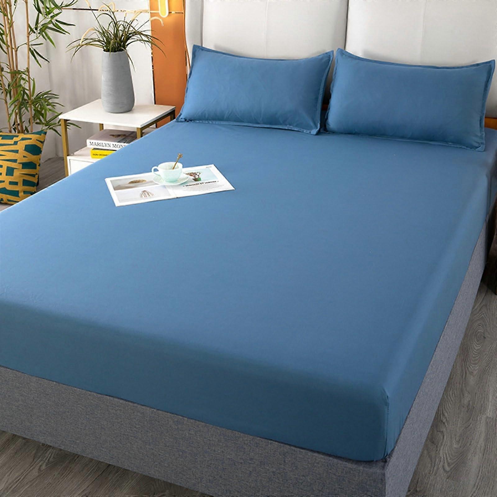 King Size Blue Fitted Sheet 71x79 Polyester Cotton, Solid Classic Design for Full Mattress Coverage