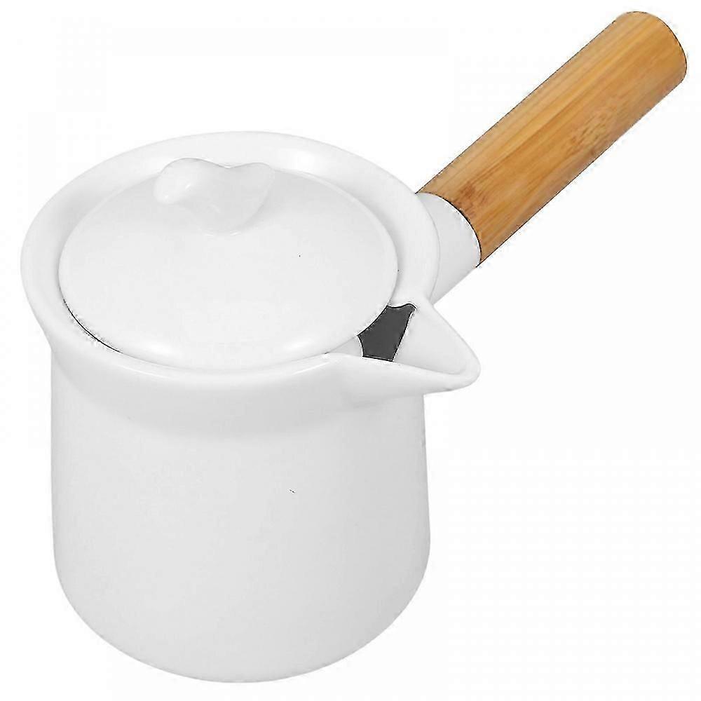 Mini Ceramic Milk Pot 350ml, Comfortable Wooden Handle, Precise Pouring Spout, Versatile for Warming Milk and Sauces