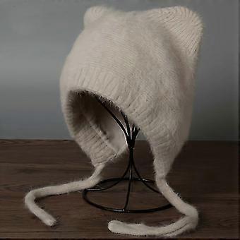 Damen-Mütze aus Angorakaninchenfell mit Katzenohren, winddicht, Gesichtsmaske, Wintermütze