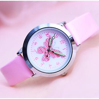 Veeki Schattig roze vlinder cartoon kinderhorloge, lederen horloge sport kwarts met lichtgevende wijzers, verjaardagscadeau voor jongens en meisjesroze