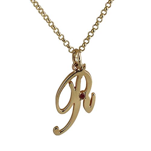 9ct Gold 26x14mm plain Ruby set Palace script Initial R Pendant with belcher Chain 22 inches