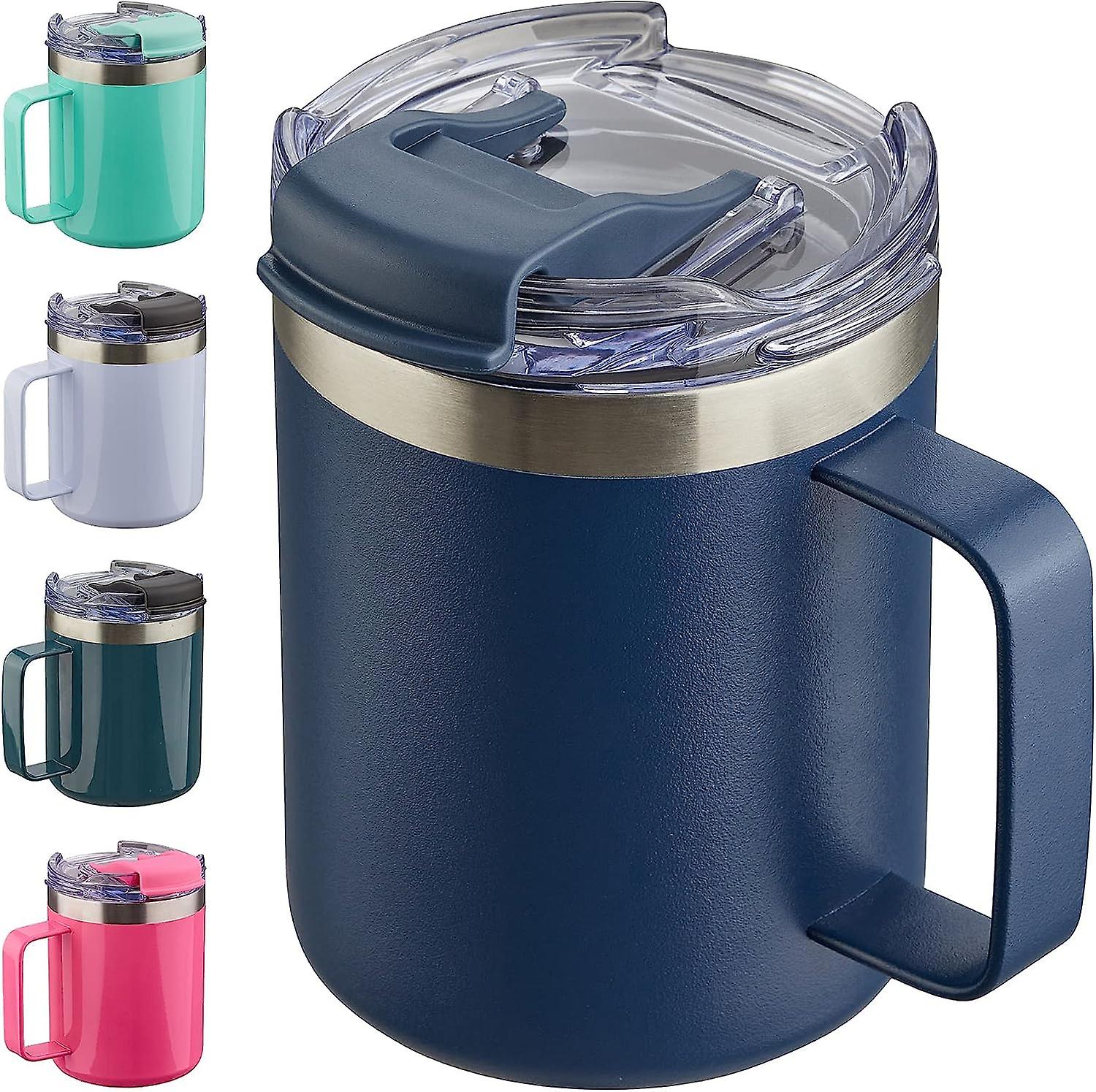 Tasse à café isolée ZENGO 12 oz avec poignée, tasse à café de voyage en acier inoxydable avec couvercle rabattable, gobelet à café sous vide à double paroi, bleu marine