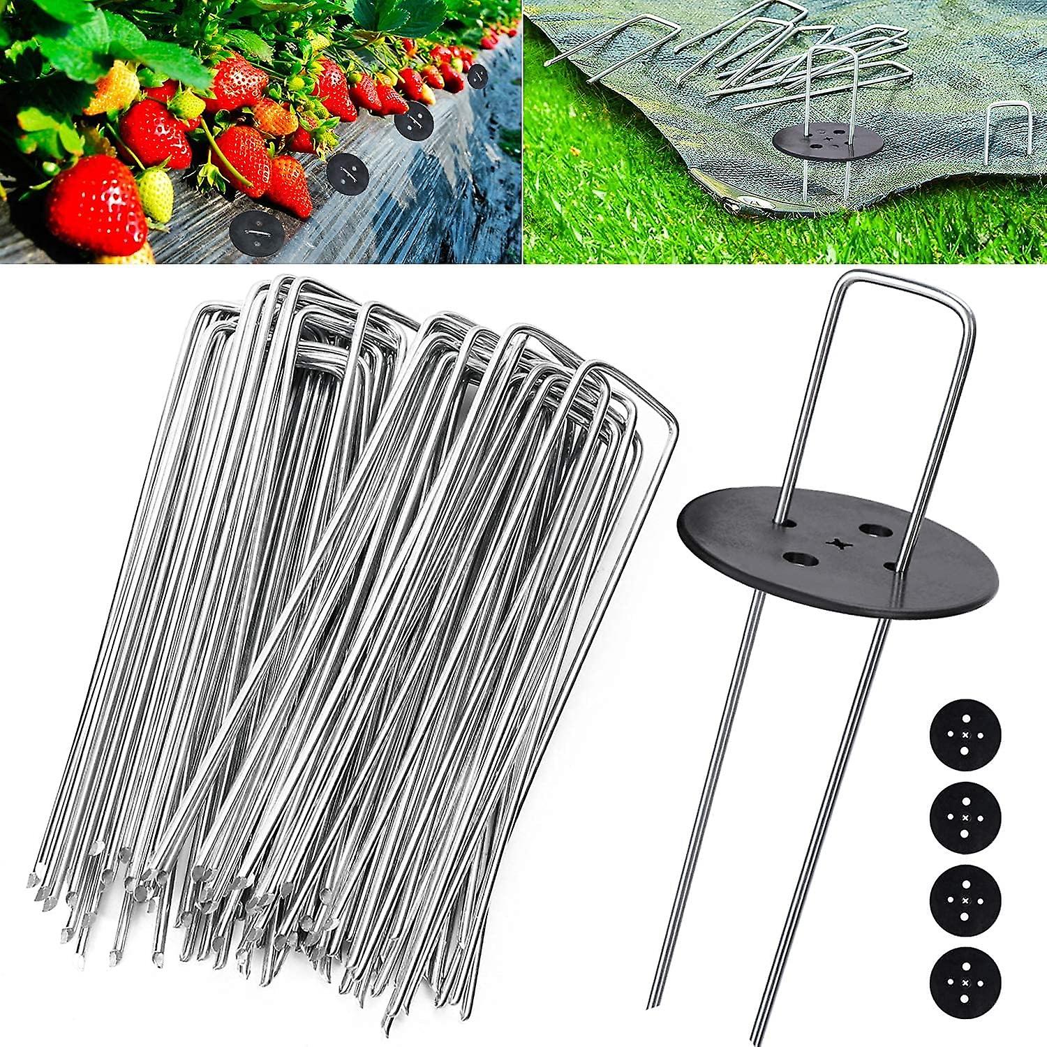 Garden Stakes, Garden Fixing Stakes, Tent Fixing Stakes 2.5mm Thick, 15cm/2.5cm, For Fixing Weed Cloth, Ground Leaves (50 Pcs +4 Washers)lo -ron