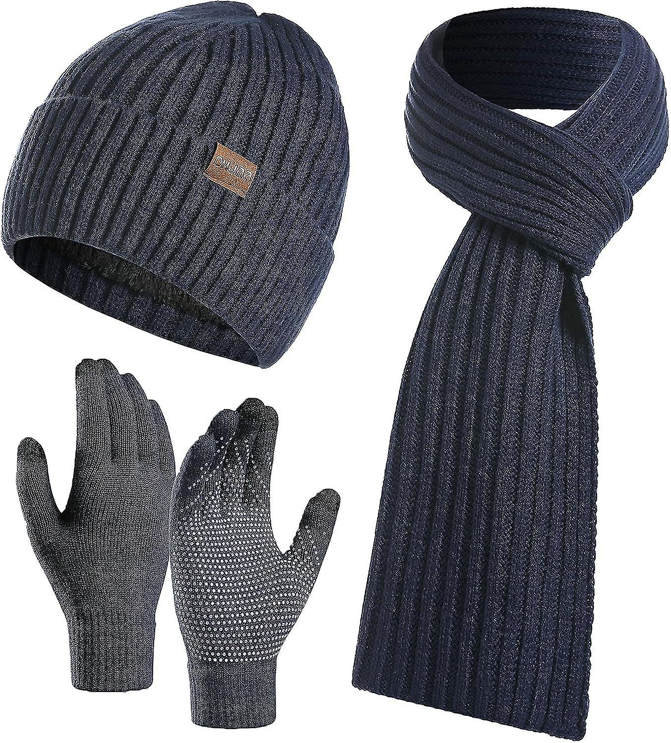 3 Pcs Chapeau D’hiver Écharpe Et Gants Ensembles Hommes Ou Femmes Unisexe Chaud Tricoté Bonnet Bonnet Avec Polaire Doublé Long Cou Cache-Écharpe Et Gants À Écran Tactile 3-i