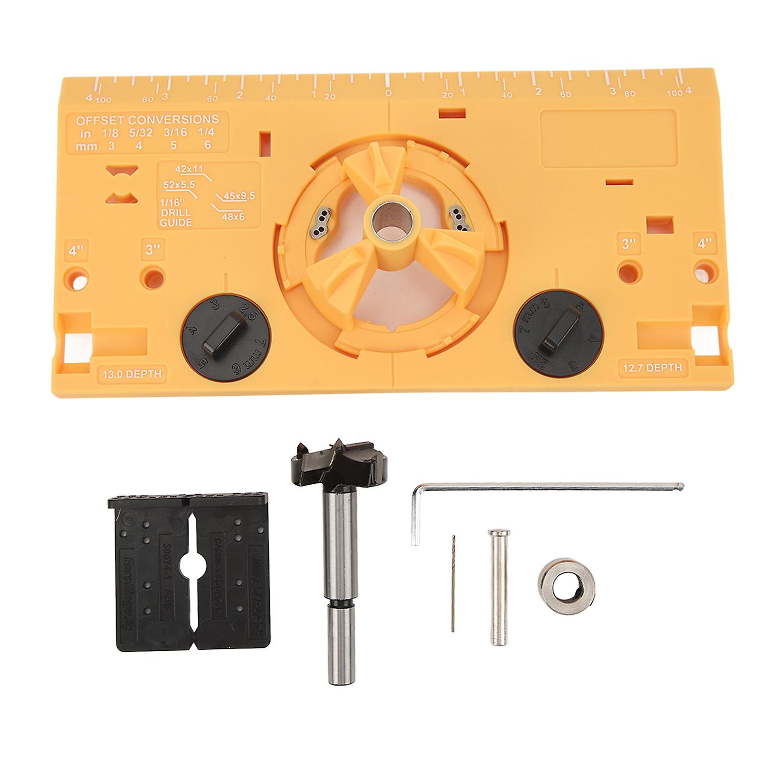 35mm Hinge Drilling Jig, Hinge Drill Guide, Hole Locator, with 1/16" Countersink and Drill Bit, Yellow