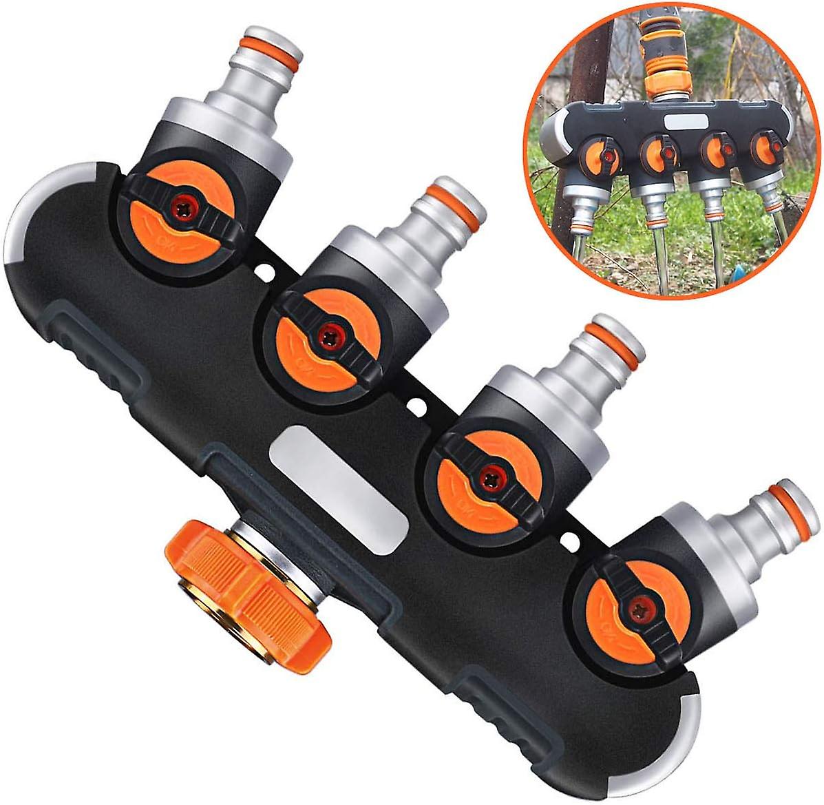 4-Way Watering Distributor - 3/4" and 1/2" Water Distributor with Faucet Valve for Adjustable Water Flow, Comes with Adapter