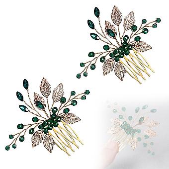 Hair Clip Bridal Flower Side Vine Comb Women Gold Leaf Headpiece Emerald Green Crystal Wedding Prom Accessories 2pcs (D-2D)