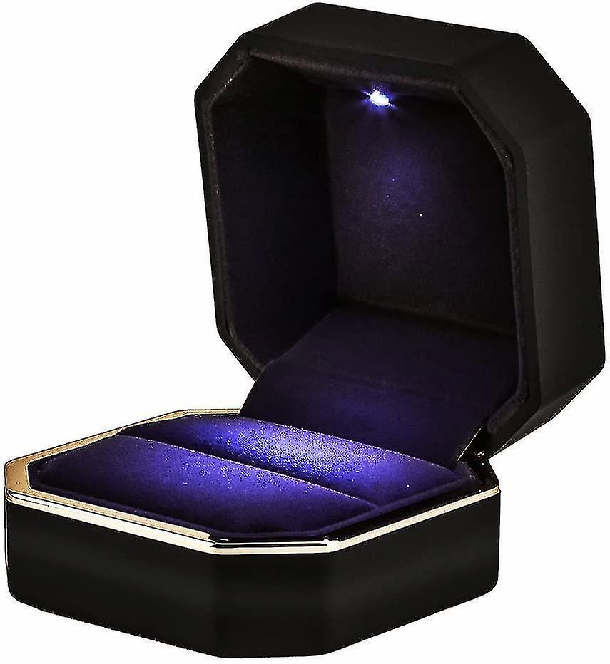 Ring Box, Square Velvet Wedding Ring Case With Led Light Black