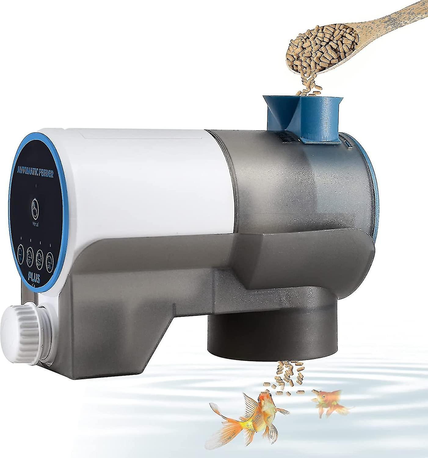 Automatic fish feeder with easy-to-understand programming, includes bracket for attaching to open aq