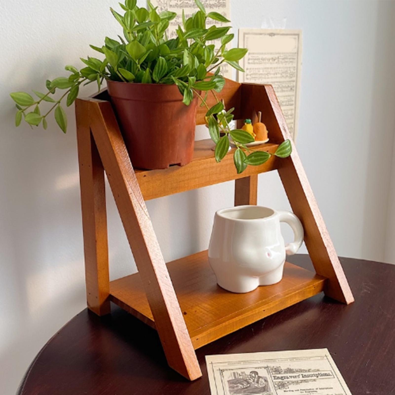 Desktop Organizer Retro Aesthetic Office Storage Rack Home Decor Wood Display Shelf 2 Layer for Books Plants Cosmetics 