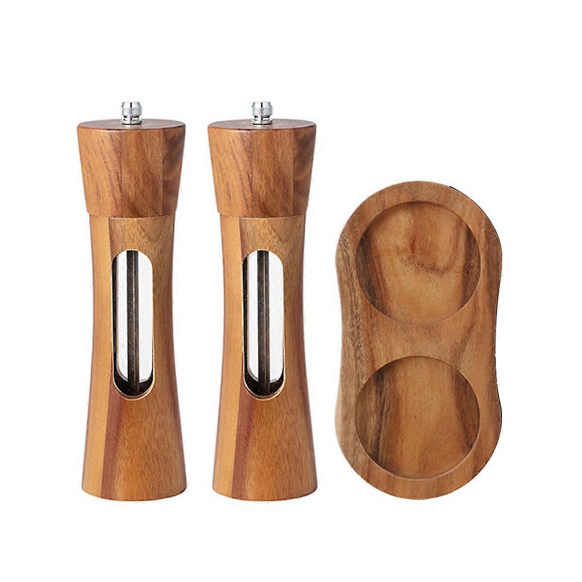 Salz und Pfeffermhle Holz Set Manuelle Pfeffermhle Keramikmahlwerk Gewrzmhle Salzmhle mit untersetzer Verstellbarem fr Gewrze Pfeffer Salz 2er Set 20 