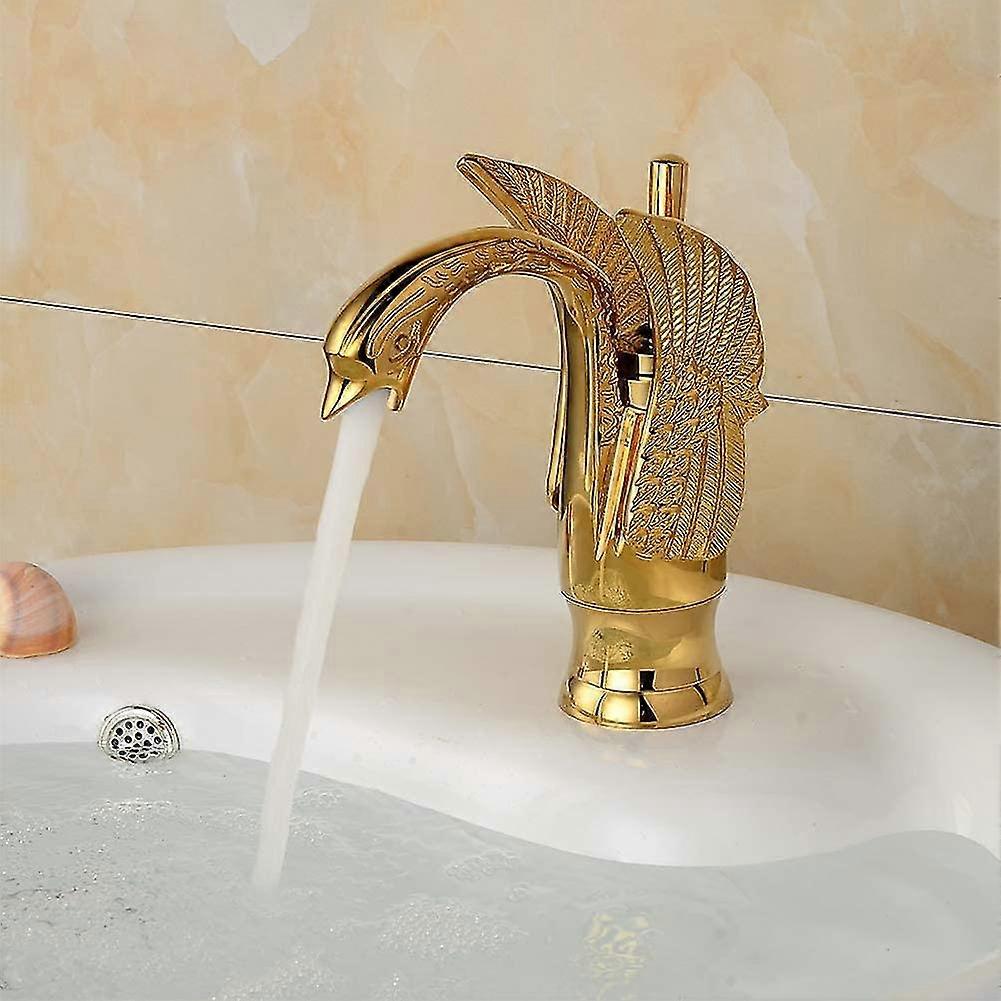 Brass Polished Golden Swan Shape Sink Faucetswan Faucet Gold Plated Goose Brass Faucetbathroom Sink Faucets Modern Golden Swan Faucet Electroplating B