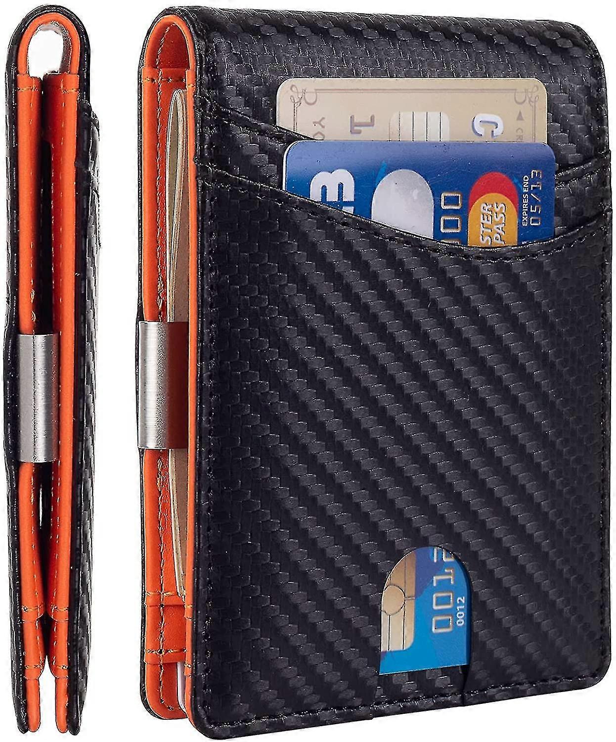 Minimalist Slim Wallet For Men, Premium Leather Wallet With Money Clip, Rfid Blocking Front Pocket Stylish Bifold Wallet (black Orange)
