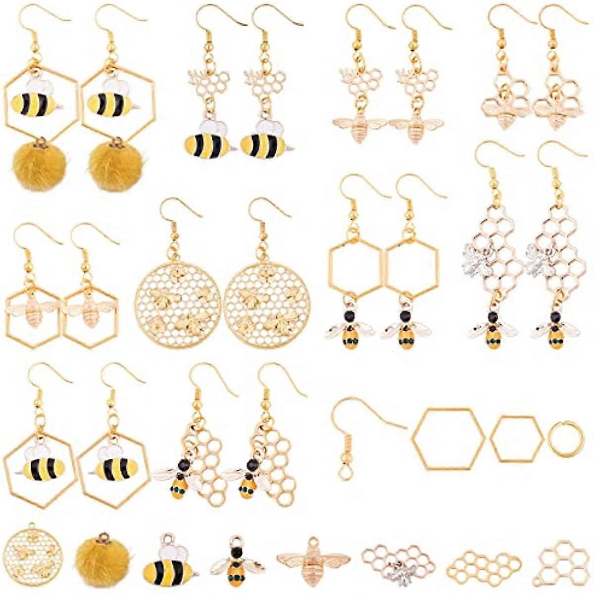 1Box DIY 10Pairs Bee Honeycomb Dangle Earrings Making Starter Kit Honeycomb Bee Enamel Charms